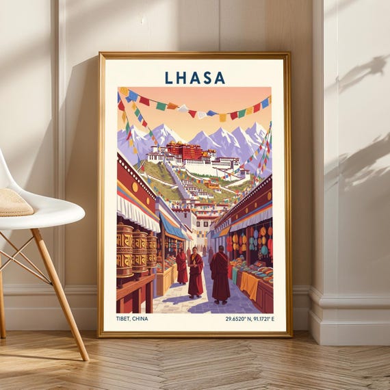 Lhasa Potala Palace Print Orange And Red Blue Green Illustration Asian Travel Art Poster Wall
