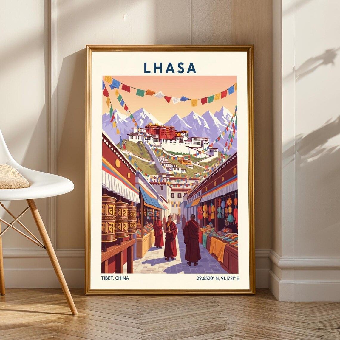 Lhasa Tibet Street Scene Monks Prayer Wheels Vintage Travel Poster