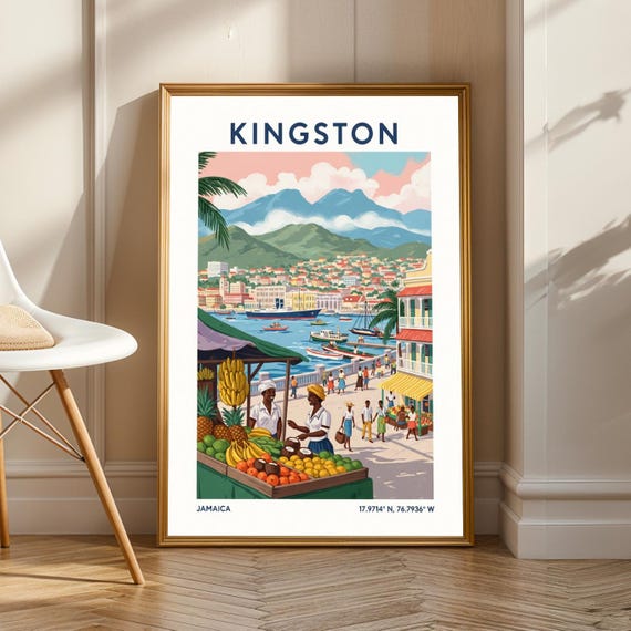 Kingston Market Scene Poster Green And Blue Pink Yellow Art Vintage Travel Decor Caribbean Wall For Living Room Or Office