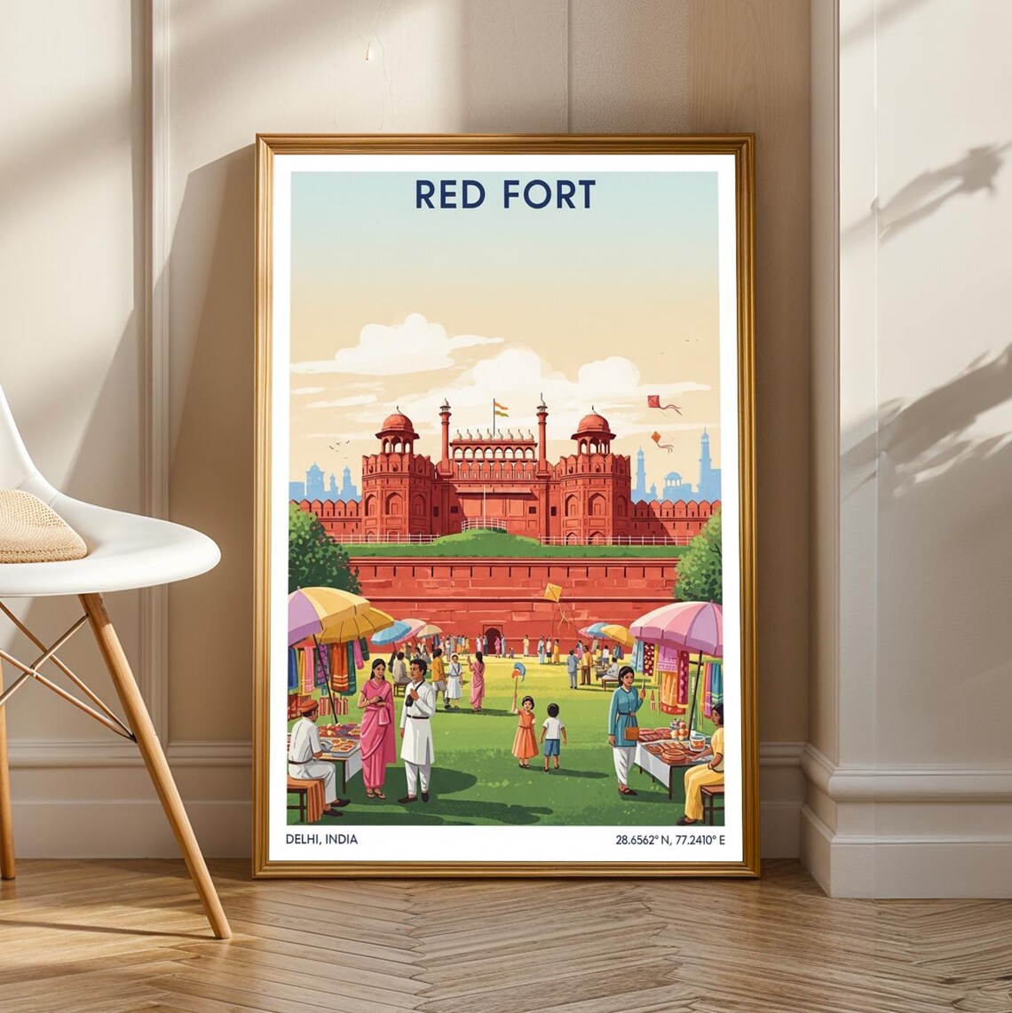 Red Fort Delhi Festival Market Scene India Heritage Travel Poster