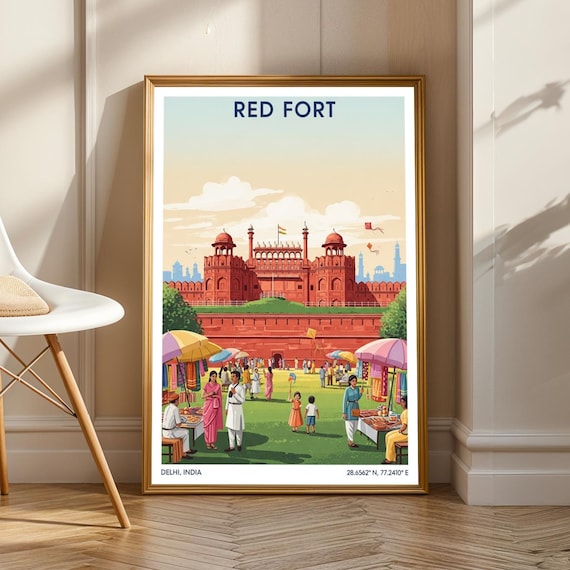 Delhi Red Fort Vintage Poster And Green Blue Orange Pink Gouache Art Heritage Illustration Travel Wall