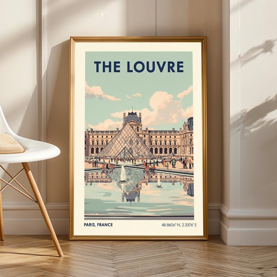 The Louvre Paris Glass Pyramid Courtyard Vintage Travel Poster
