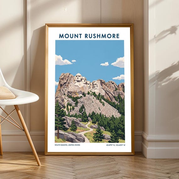 Mount Rushmore Vintage Gouache Poster Blue Green And Brown Landscape Landmark Art For Living Room Office Or Study