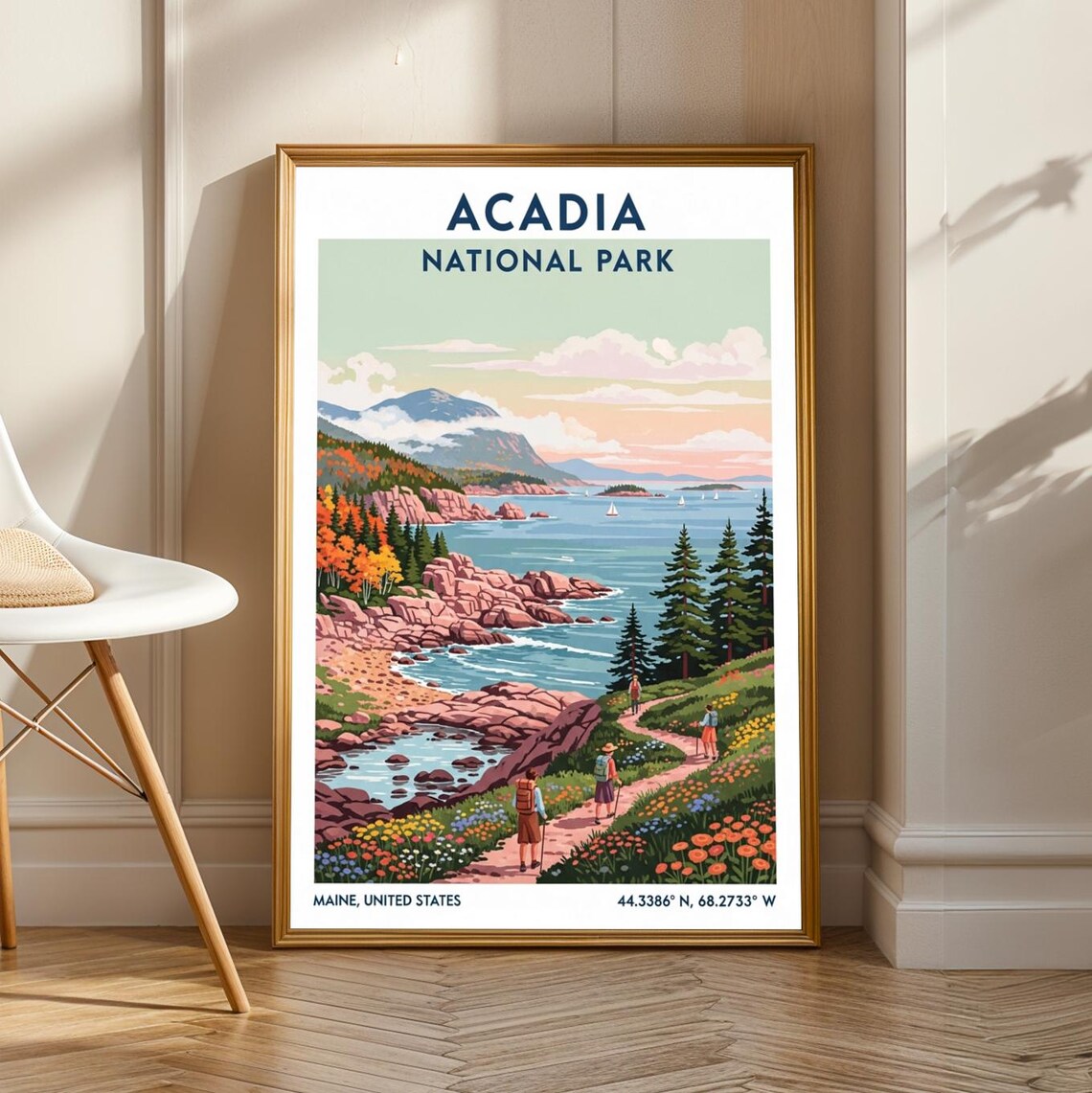 Acadia National Park Poster Blue Green Orange Pink Nature Illustration Travel Art For Living Room Or Office Maine Landscape Decor
