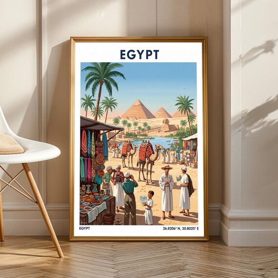 Egypt Pyramids Market Vintage Travel Poster