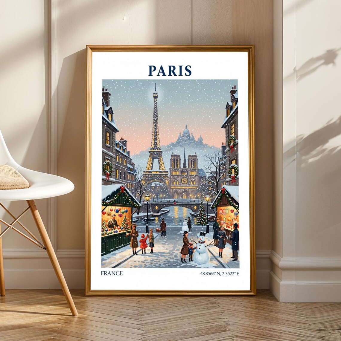 Paris Eiffel Tower Snowy Christmas Market Vintage Travel Poster