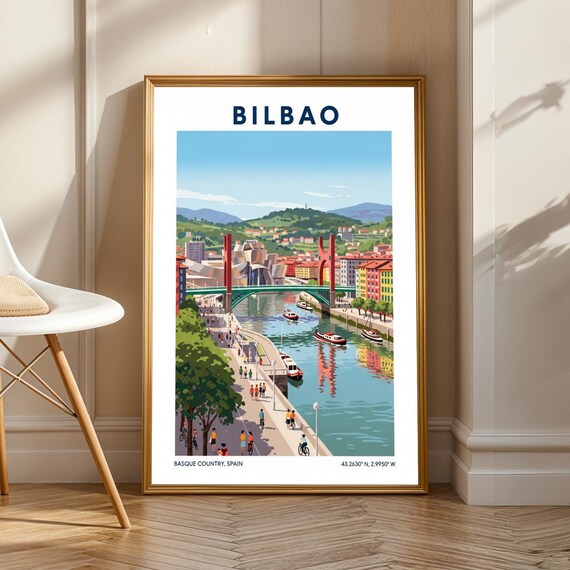 Bilbao Spain Riverside Guggenheim Bridge Basque Country Travel Poster