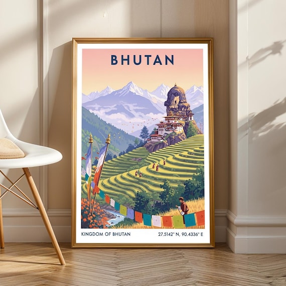 Bhutan Himalayan Landscape Poster Green And Blue Orange Yellow Gouache Art Travel Enthusiast Illustration Living Room