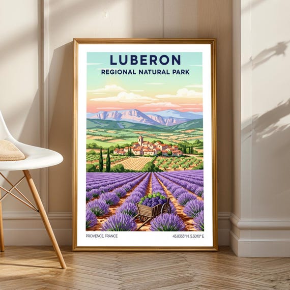 Luberon Lavender Fields Poster Purple And Green Art French Landscape Countryside Illustration For Living Room Office Decor