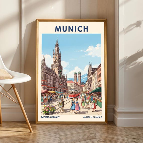 Munich Marienplatz Old Town Hall and Red Tram Vintage Travel Poster