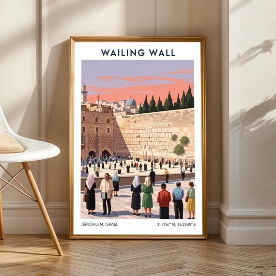 Jerusalem Wailing Wall Poster Vintage Gouache Travel Art Pink And Beige Green Blue Black Illustration Living Room