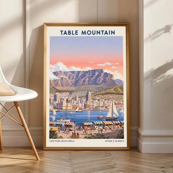 Cape Town Table Mountain Poster Blue And Orange Pink Green Art Vintage Travel Illustration Living Room Office Decor