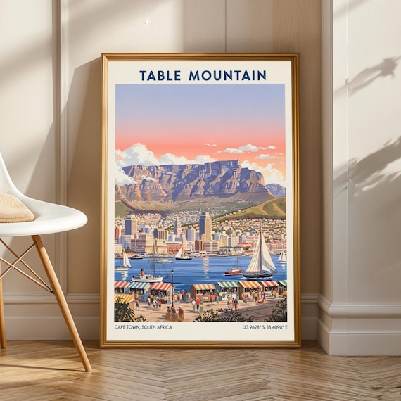 Table Mountain Cape Town Sunrise Harbor Sailboats Travel Poster
