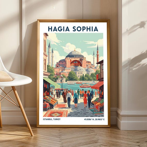 Istanbul Hagia Sophia Art Print Teal And Red Green Blue Orange Illustration Travel Poster For Living Room Or Office
