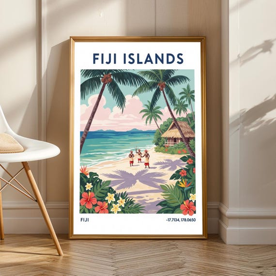 Fiji Islands Beach Poster Vintage Gouache Art Teal And Pink Green Decor Tropical Island Wall For Living Room Office