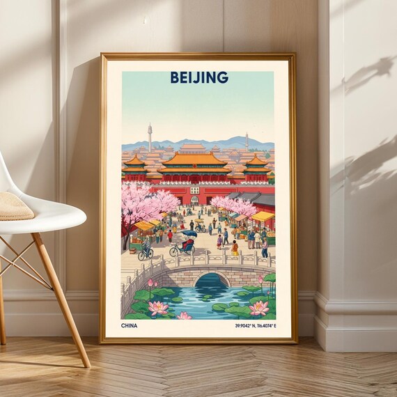Beijing Architecture Gouache Poster Pink And Red Yellow Art Chinese Cityscape Illustration Living Room Office Decor