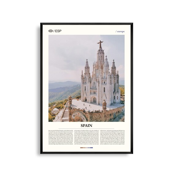 Spain Travel Poster with Hilltop Church and Christ Statue View from Terrace