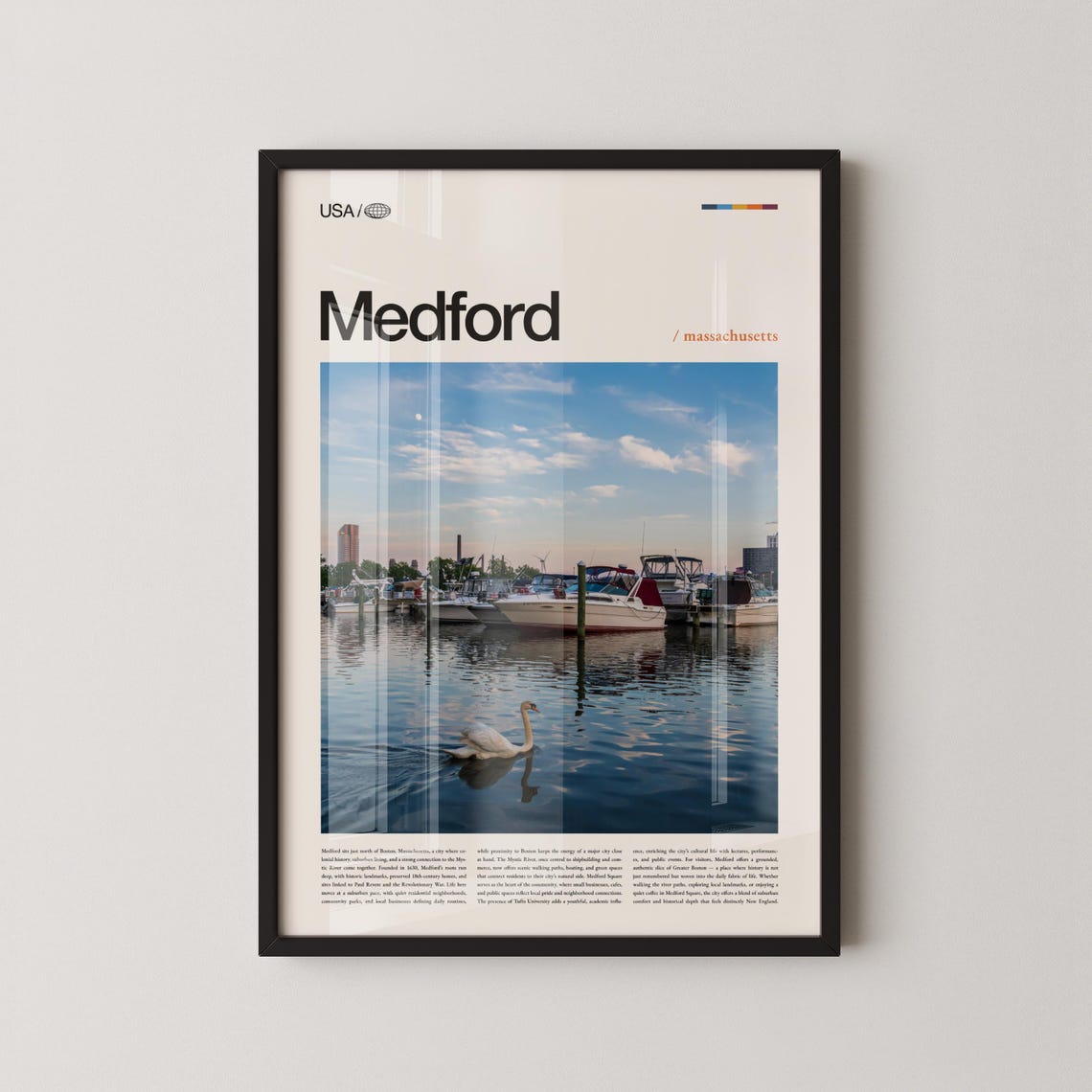 Medford Massachusetts Harbor Swan Bold Title Travel Art Poster