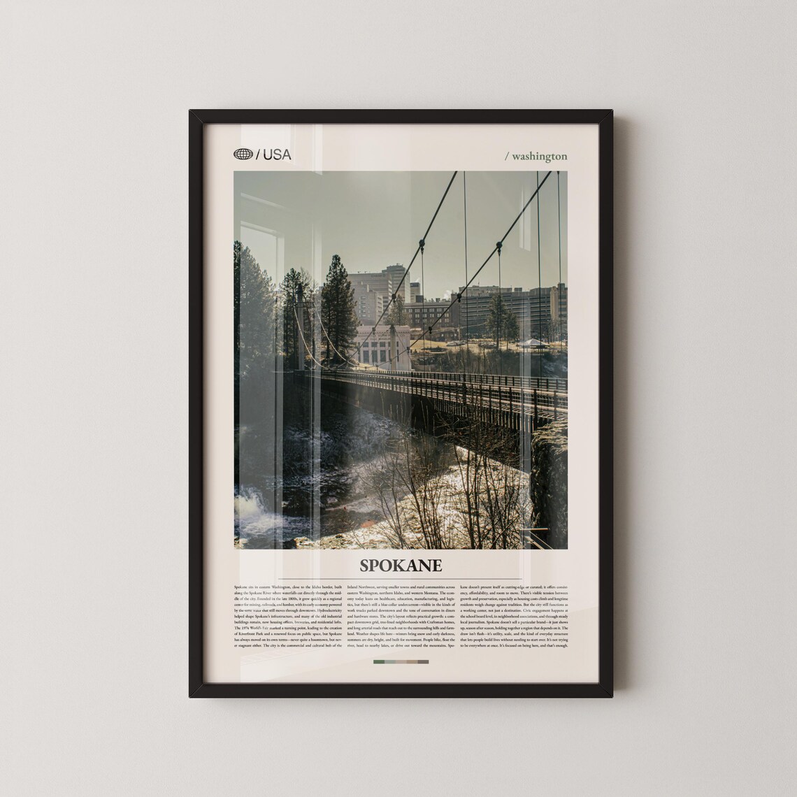 Spokane Washington Suspension Bridge River Falls Vertical Travel Poster