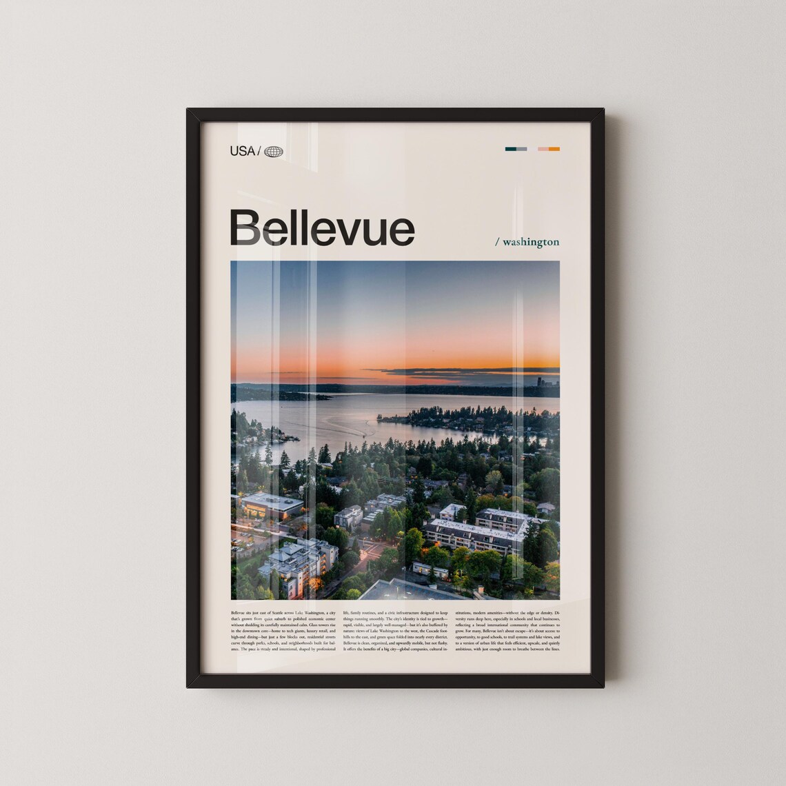 Bellevue Washington Lake Sunset Minimalist Travel Photo Poster
