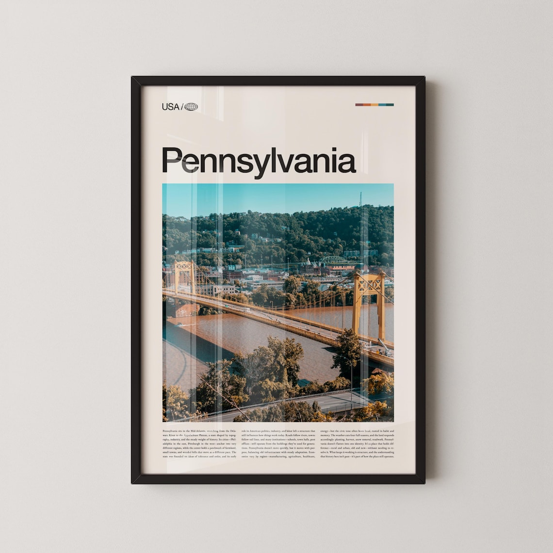 Pennsylvania Pittsburgh Golden Bridge Bold Title Travel Poster