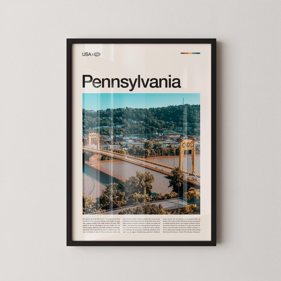 Pennsylvania Pittsburgh Golden Bridge Bold Title Travel Poster