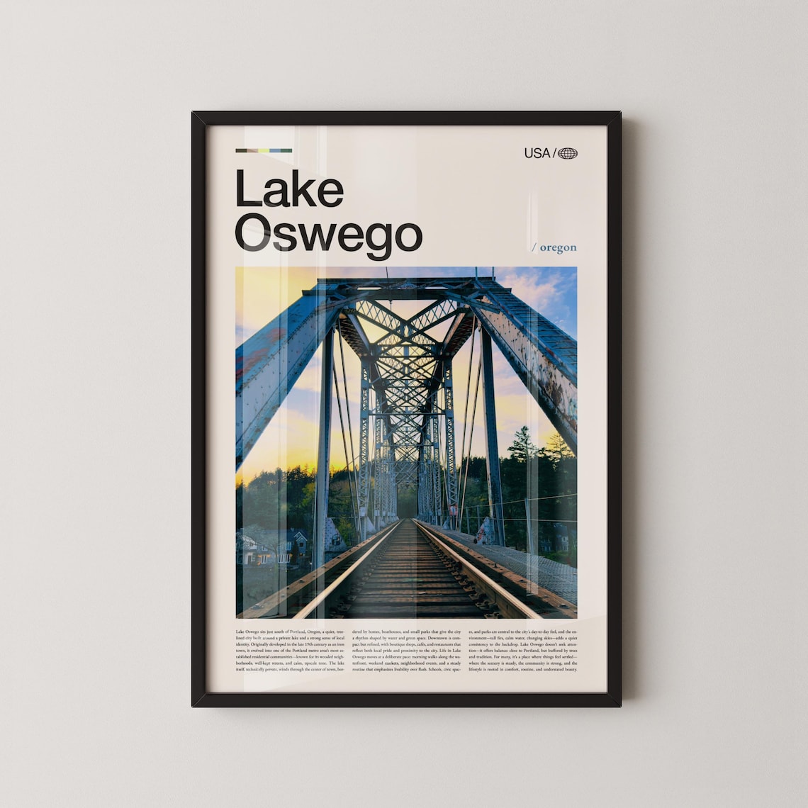 Lake Oswego Oregon Railroad Bridge Sunset Minimalist Travel Poster