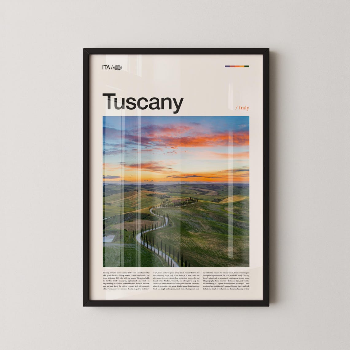 Tuscany Italy Travel Poster With Vibrant Orange Sky Over Valley Road