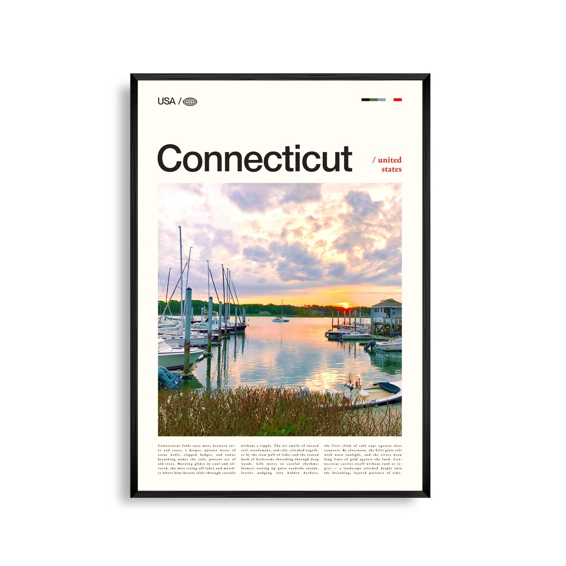 Connecticut Travel Poster Marina Sunset Harbor Sailboats Coastal Photography
