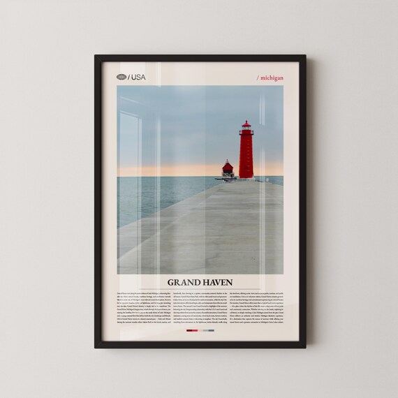 Grand Haven Michigan Red Lighthouse Lake Pier Travel Photo Poster