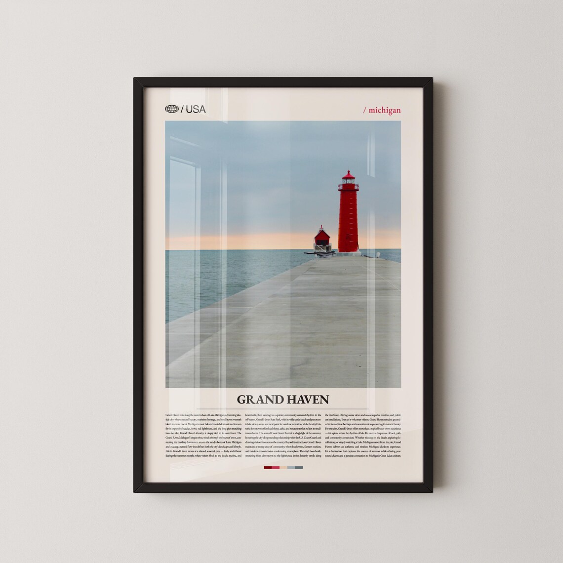 Grand Haven Michigan Red Lighthouse Lake Pier Travel Photo Poster