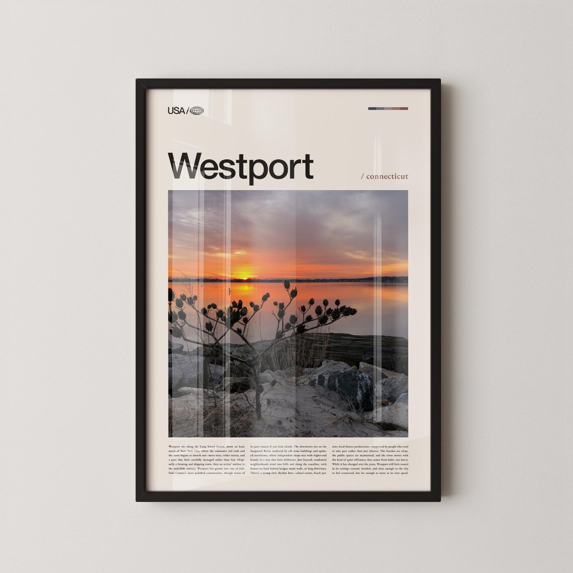 Westport Connecticut Bold Headline Sunset Coast Travel Poster