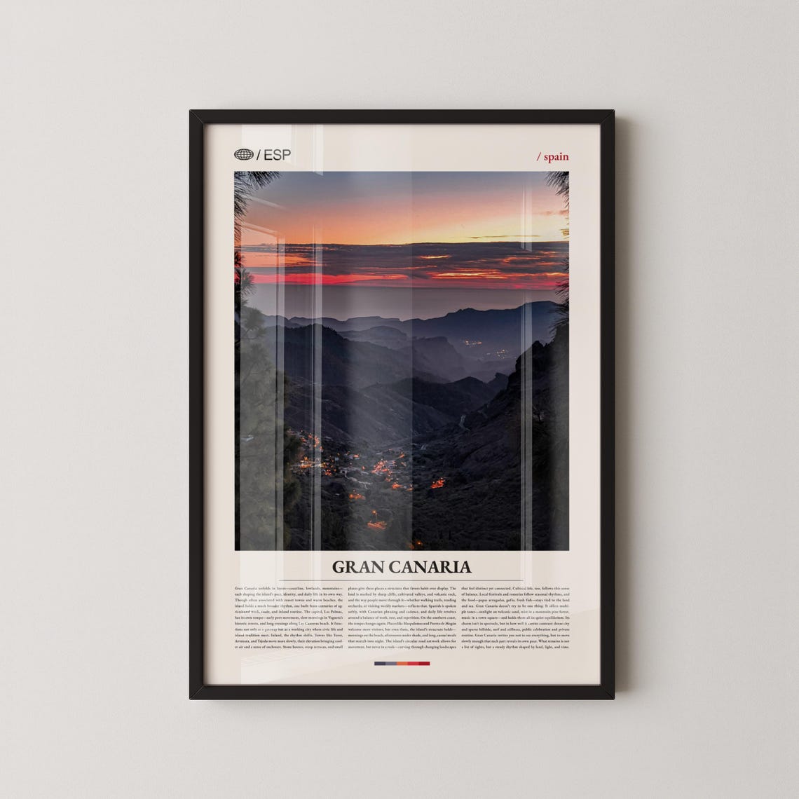 Gran Canaria Mountain Sunset Valley Village Lights Spain Travel Poster