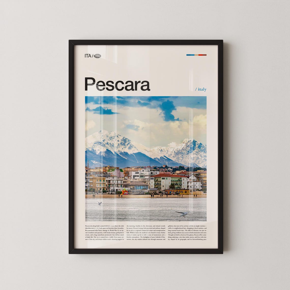 Pescara Italy Beach and Snowy Mountain Coastal Travel Poster