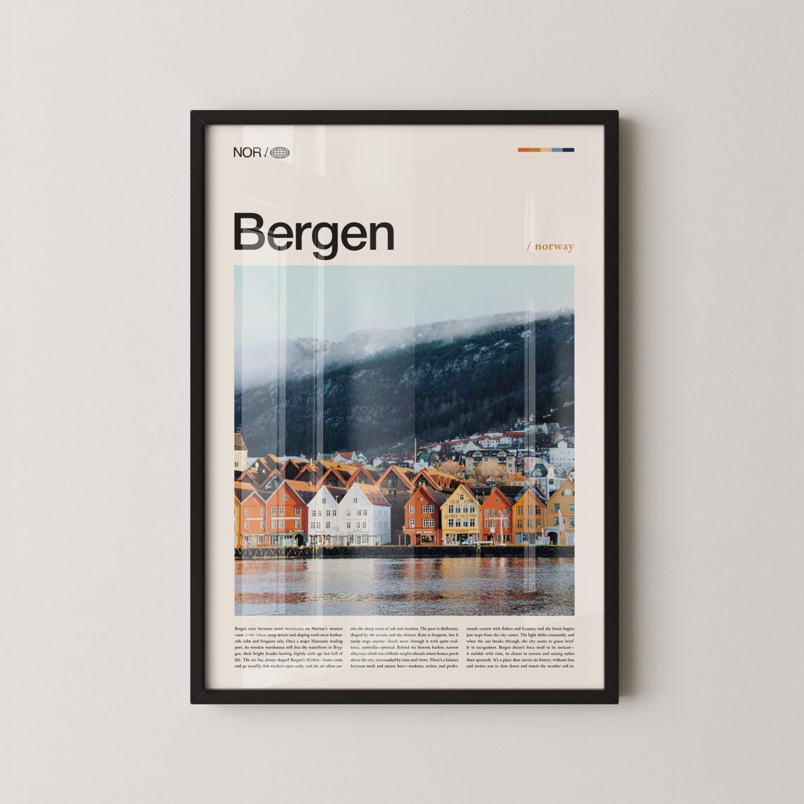 Bergen Norway Wall Art Colorful Harbor And Mountain Landscape Print Poster Scenic Fjord City Photography Scandinavian Coastal