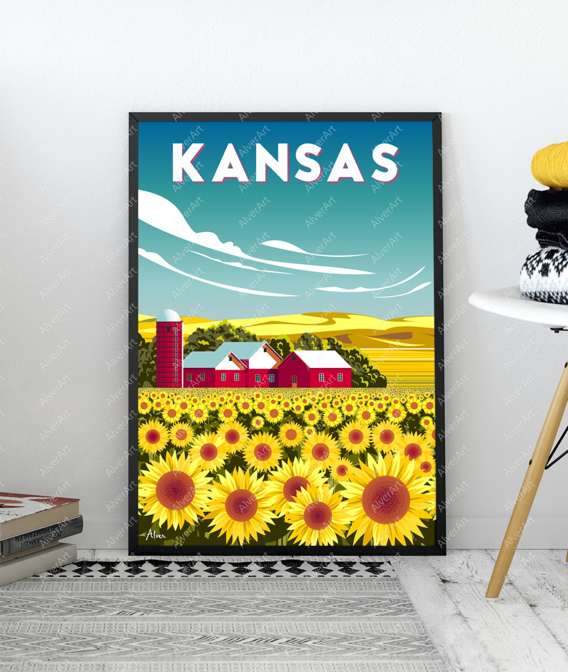 Kansas Sunflower Fields Red Barn Farm Countryside Retro Poster - Image 3