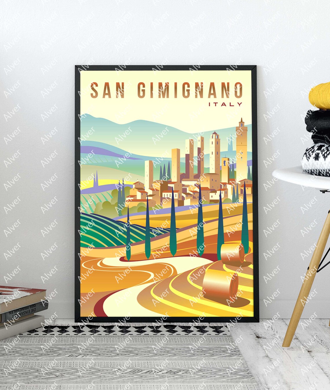 San Gimignano Italy Medieval Towers Tuscan Hills Retro Travel Poster - Image 3