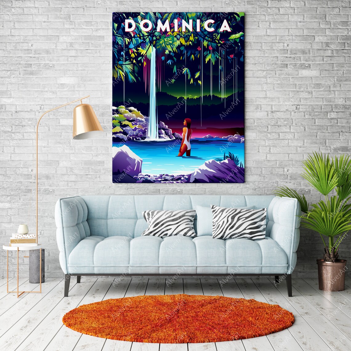 Dominica Rainforest Waterfall Night Jungle Vintage Travel Poster - Image 2