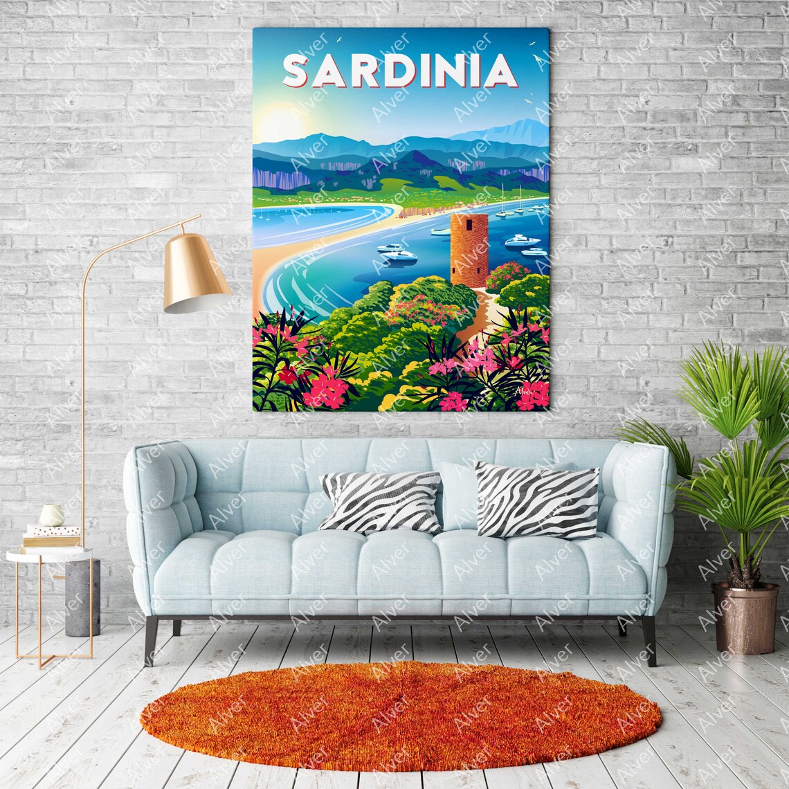 Sardinia Italy Coastal Bay Watchtower Sailboats Vintage Travel Poster - Image 2