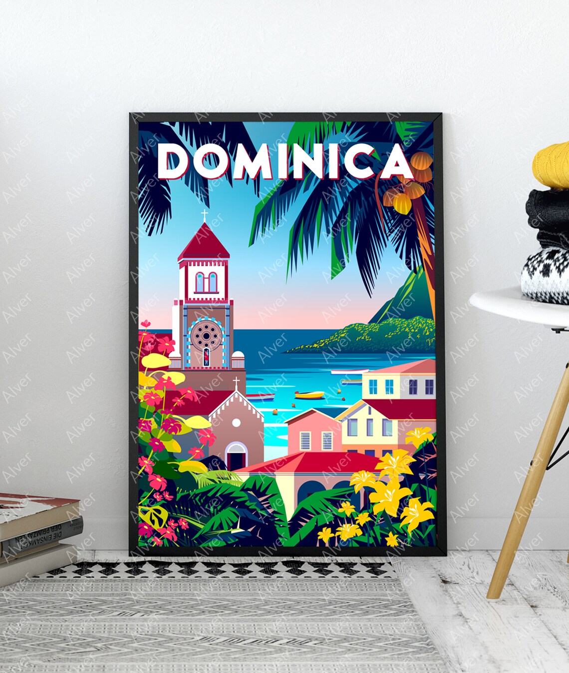 Dominica Caribbean Travel Poster With Coastal Church and Palm Trees - Image 3