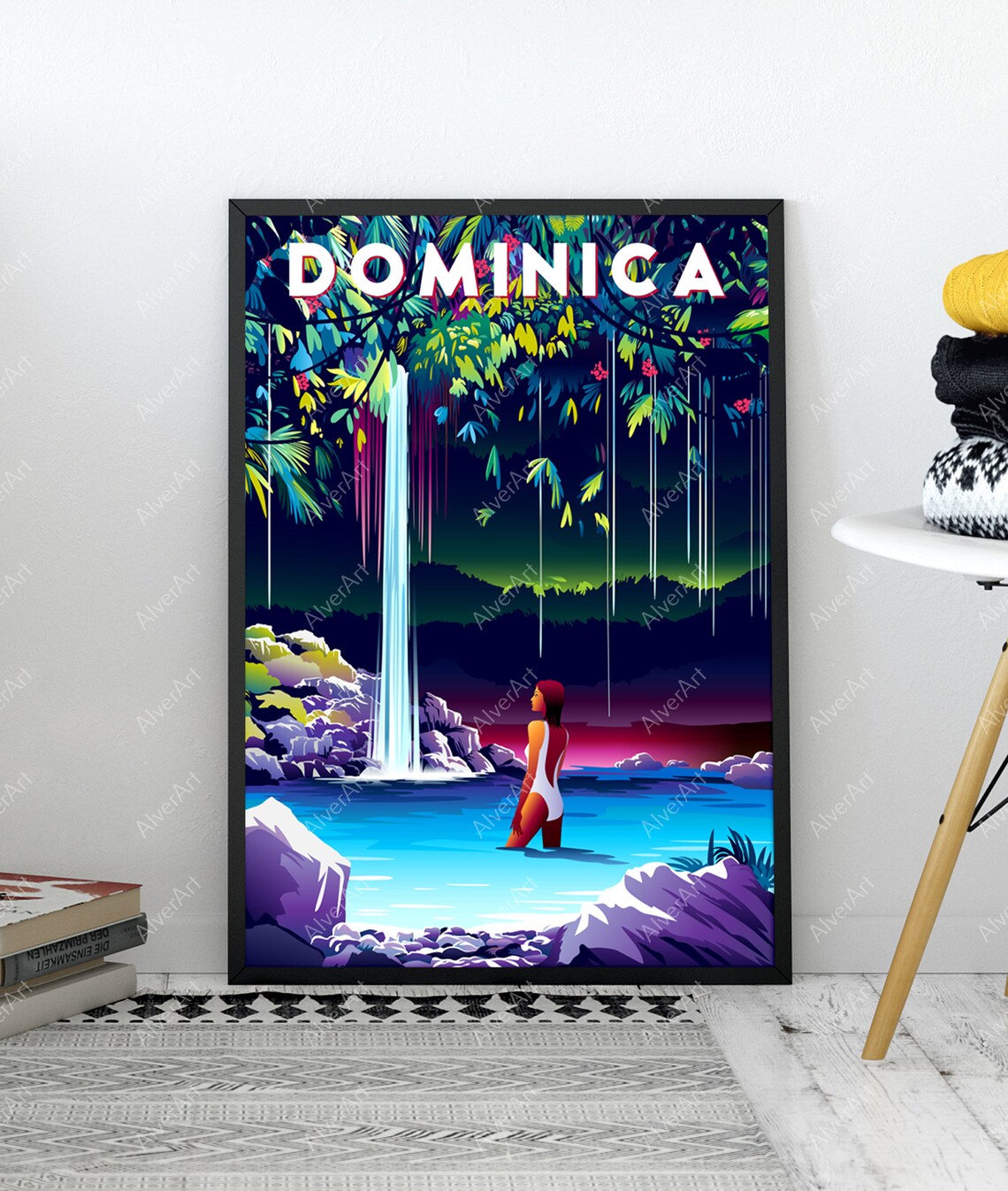 Dominica Rainforest Waterfall Night Jungle Vintage Travel Poster - Image 3