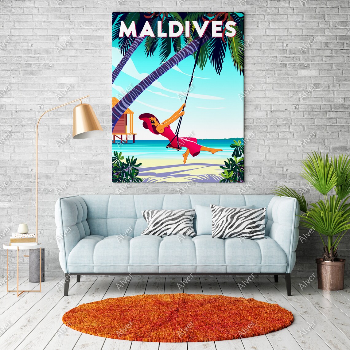 Maldives Woman Beach Swing Palm Trees Tropical Ocean Scene Poster - Image 2