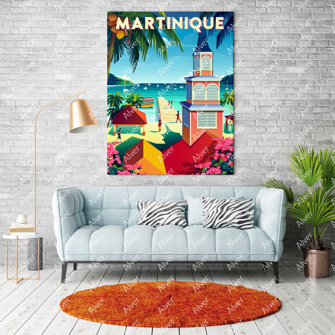 Martinique Caribbean Travel Poster With Church Tower Beach and Pier - Image 2