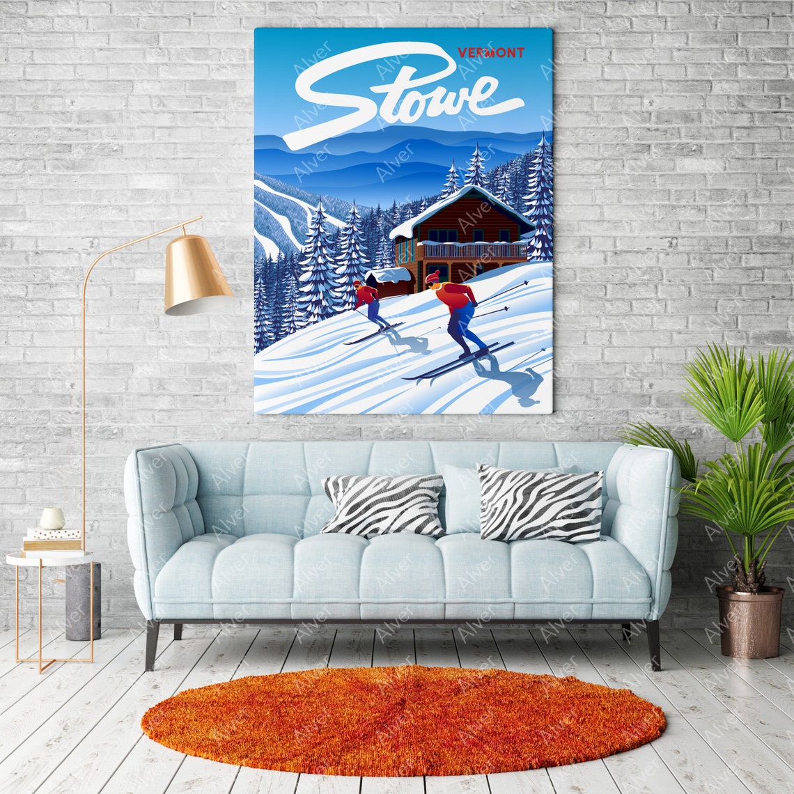 Stowe Vermont Ski Racing Poster With Two Skiers and Mountain Lodge - Image 2
