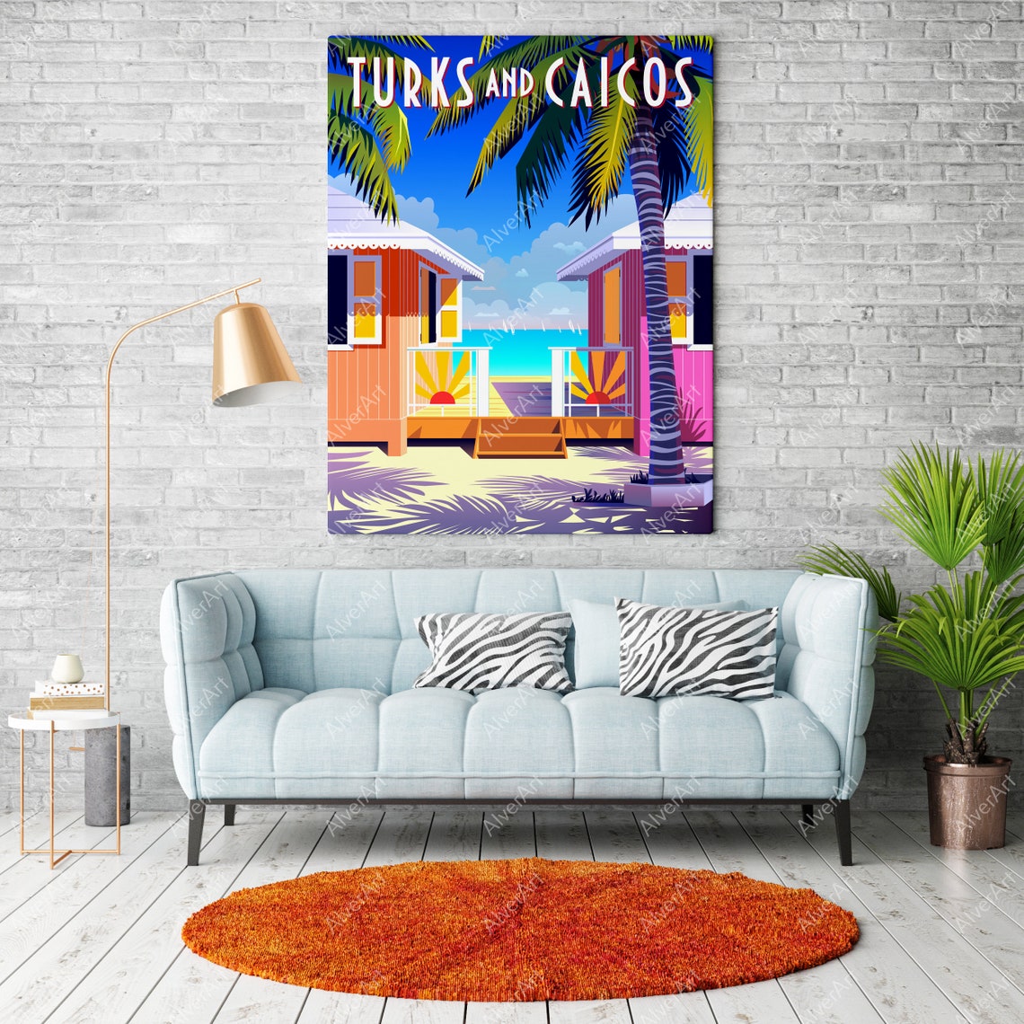 Turks And Caicos Colorful Beach Huts Palm Tree Travel Poster - Image 2