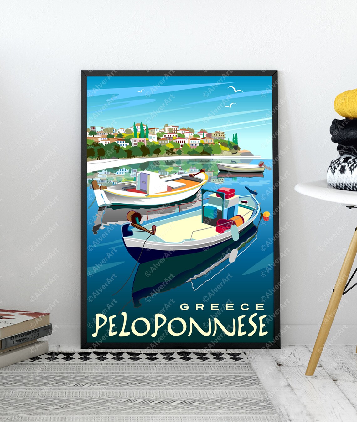 Greece Peloponnese Fishing Boats Reflections Harbor Town Poster - Image 2