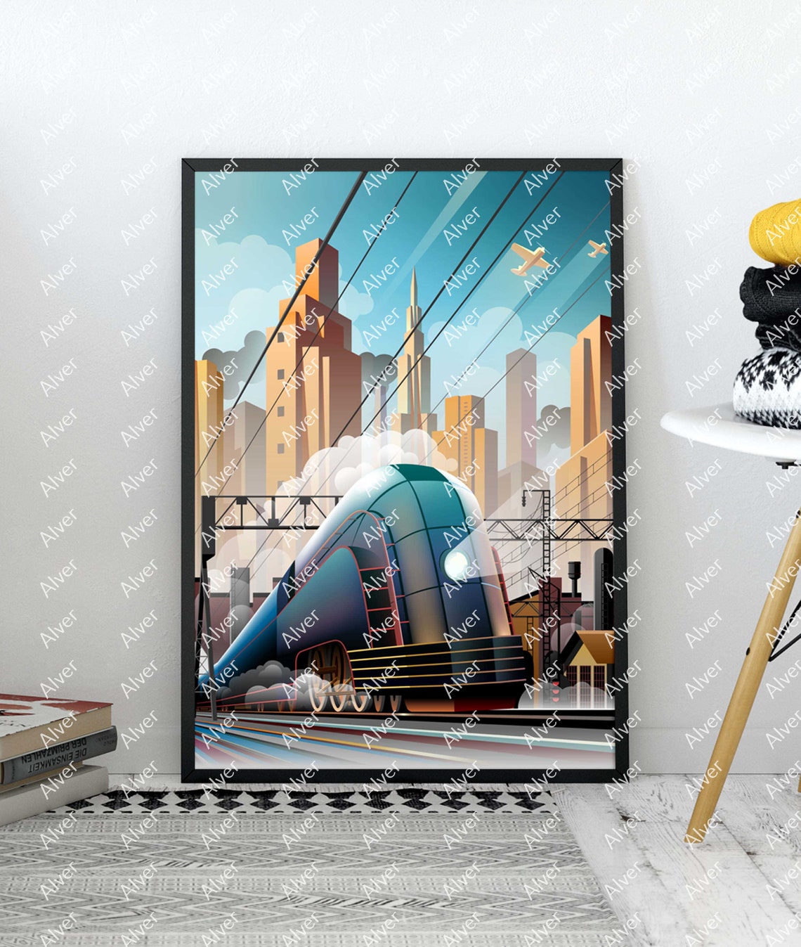 Art Deco Streamlined Blue Locomotive City Train Vintage Poster - Image 3