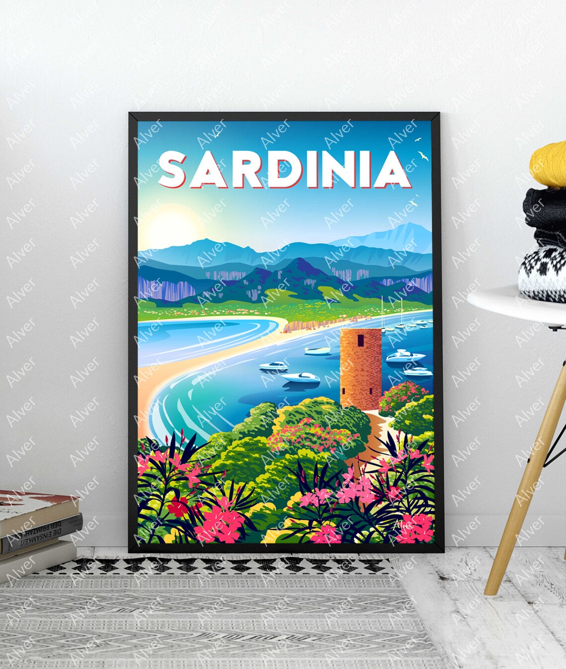 Sardinia Italy Coastal Bay Watchtower Sailboats Vintage Travel Poster - Image 3