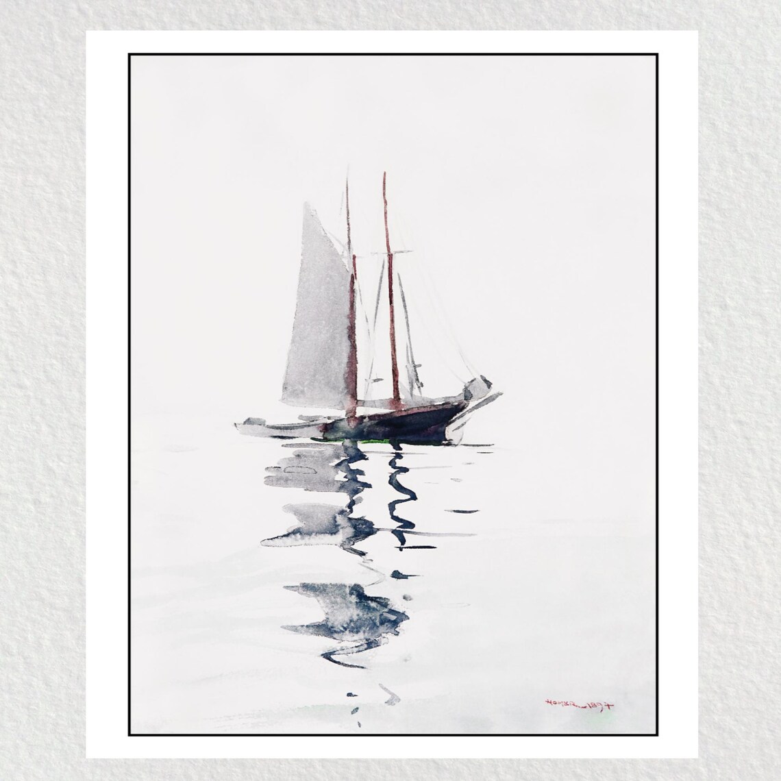 Minimalist Two Masted Schooner Watercolor Painting Sailboat Reflection Zen Art Poster - Image 4