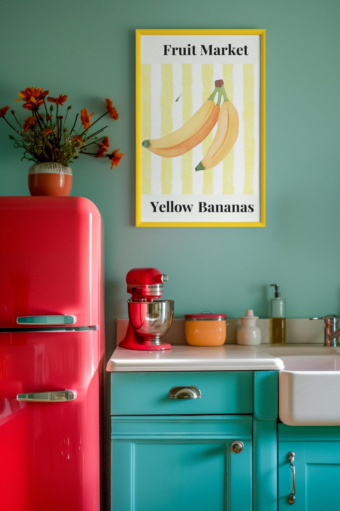 Yellow Bananas on Yellow Stripes Vintage Fruit Market Kitchen Poster - Image 2